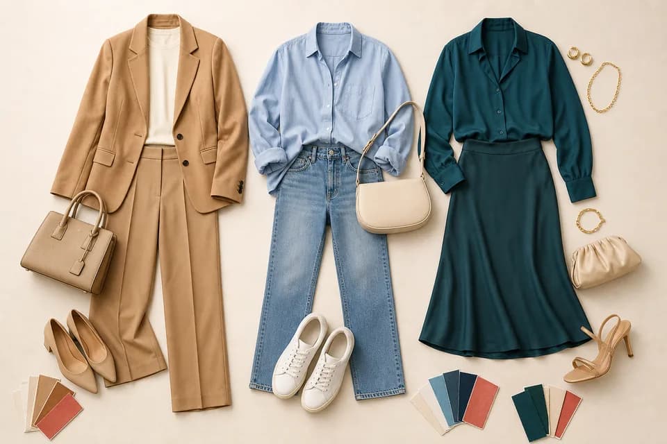 Exemplos de looks com alfaiataria, jeans e vestido