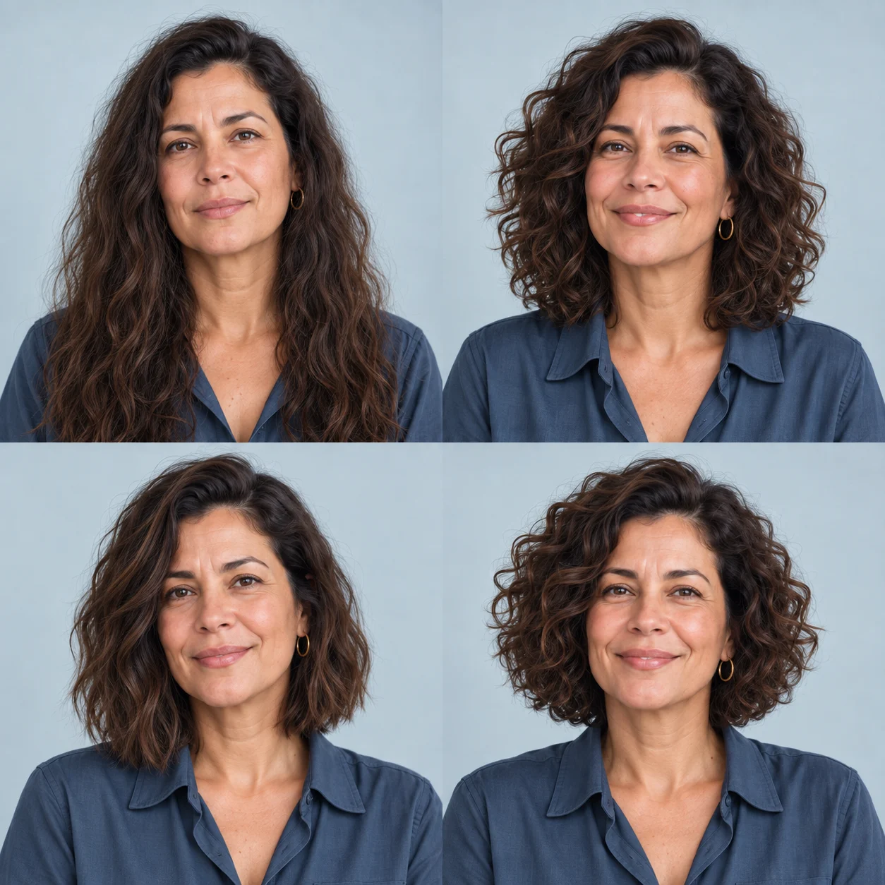 Exemplo ilustrativo: mulher com corte em camadas e blusa azul