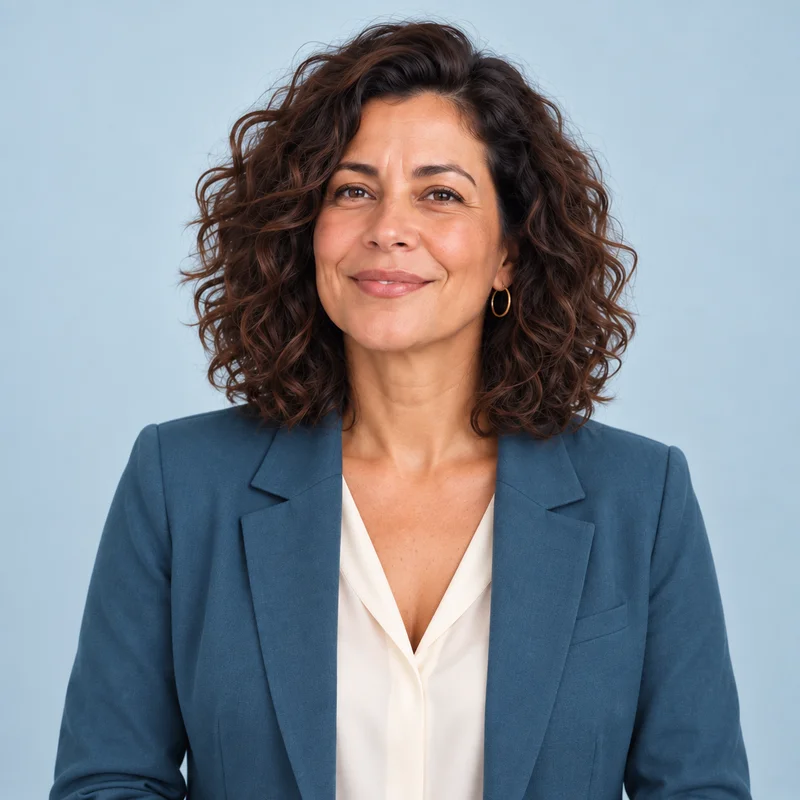 A mesma modelo com cabelo em camadas, blazer azul-petróleo e blusa clara