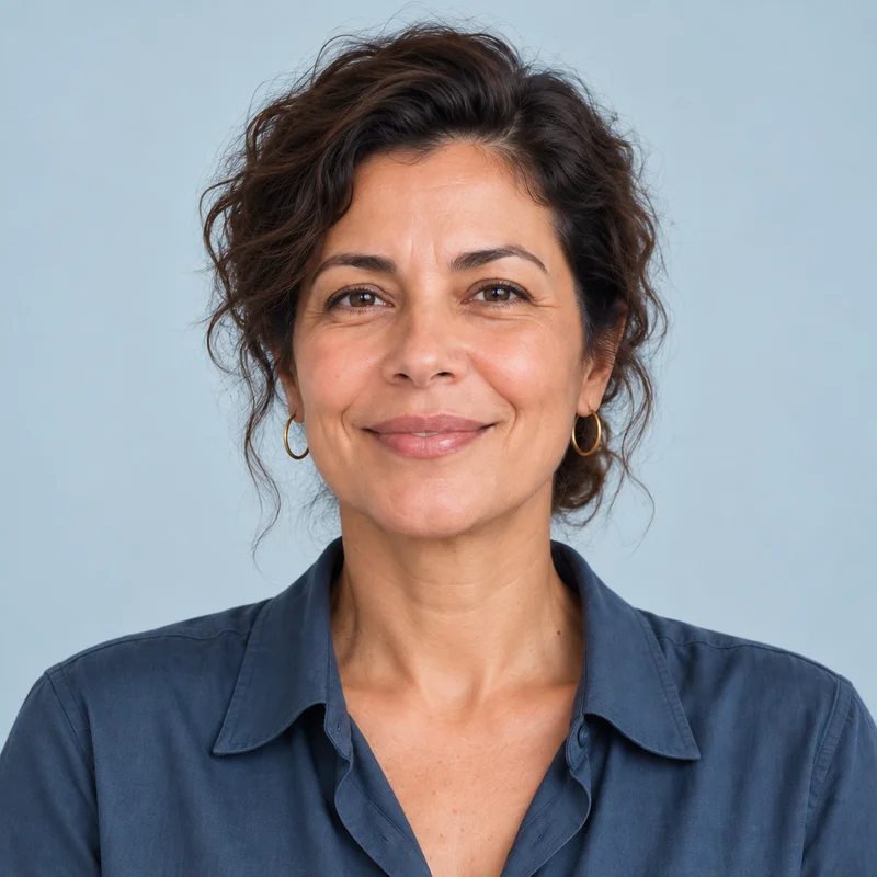 Retrato frontal da mesma modelo com o cabelo preso, deixando o contorno do rosto visível